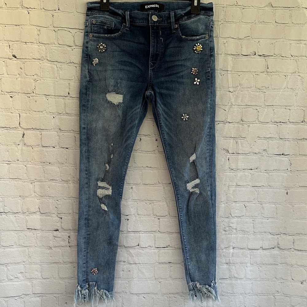 Express Women's Blue Distressed Jeweled Skinny Jeans